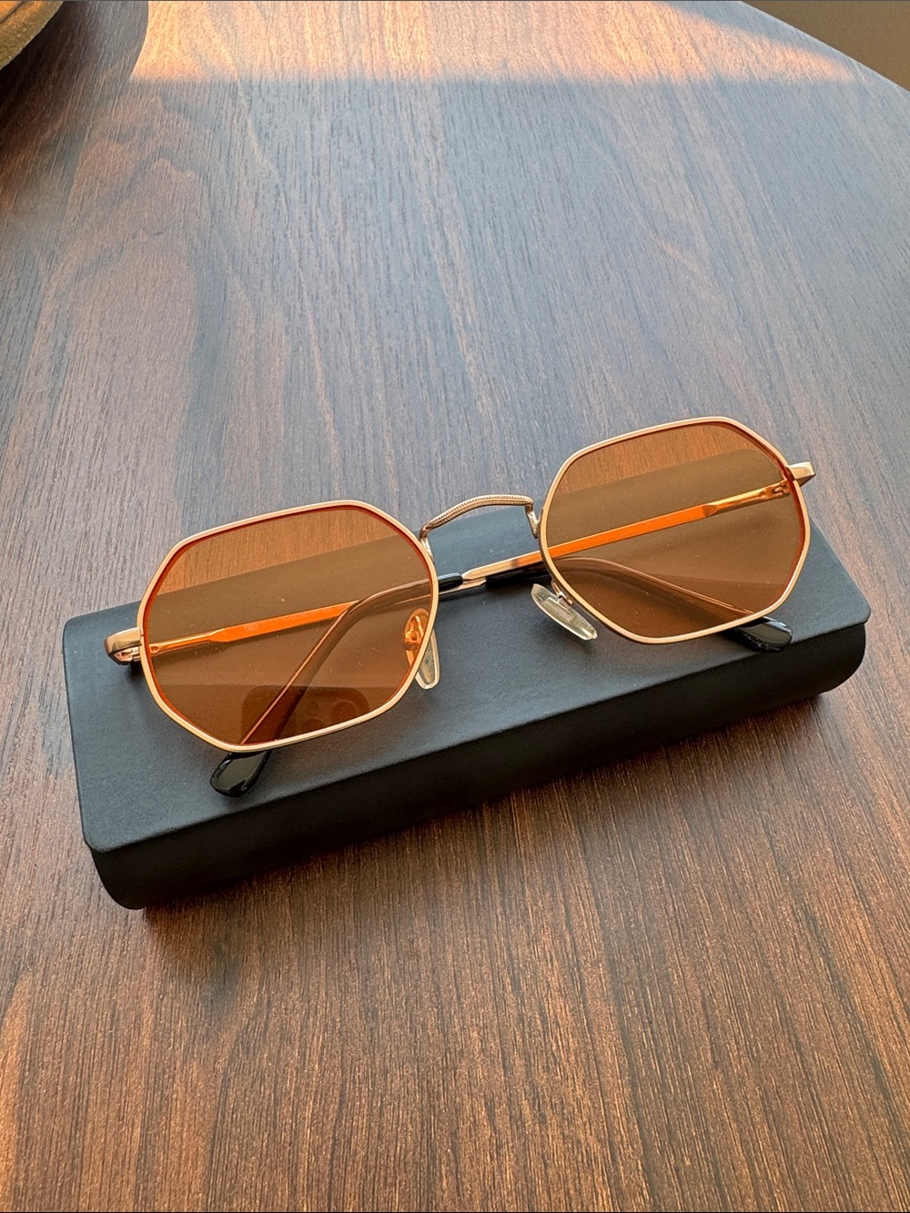 Geometric Rose Gold Frame Sunglasses with Orange Tinted Lenses